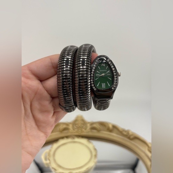Gunmetal Coil Bracelet Watch with Green Dial โ Statement Stretch Watch - Picture 3 of 10
